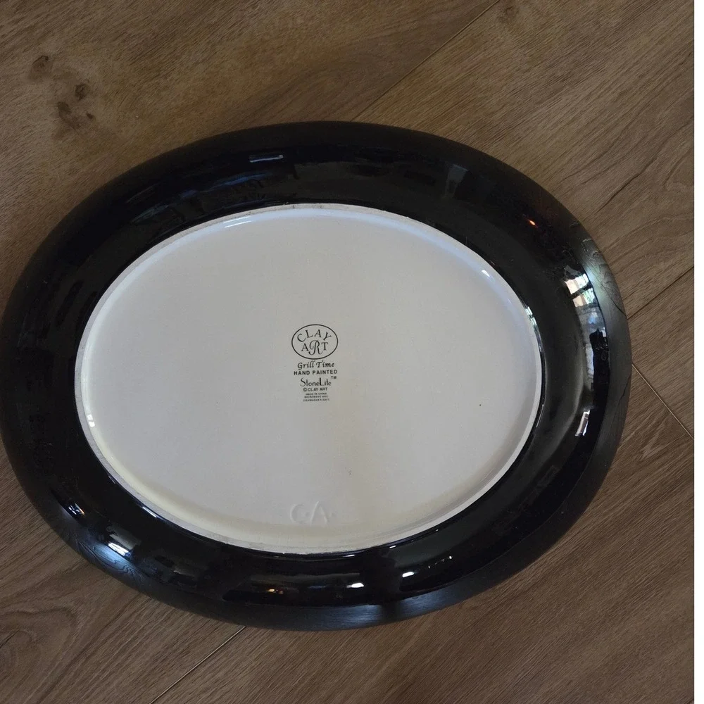 Clay Art Grill Time Hand Painted Ceramic Oval Serving Platter BBQ Aprons Multi